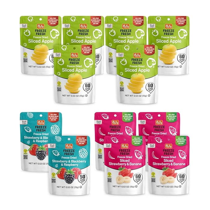 Pol’s Freeze Fresh Premium Freeze Dried Strawberries,Apple,Banana,Raspberries,Blackberries|Non-GMO,Kosher,Vegan,Gluten-Free,No Additives,No Added Sugar| 6x Apple,4x Strawberry-Banana,2x Berry Mix