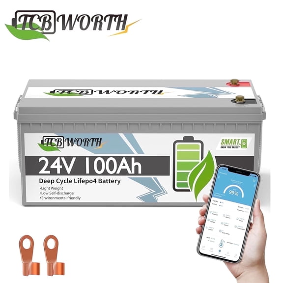 24V 100AH LiFePO4 Lithium Battery Bluetooth,for RV,Solar,Trolling Motor,Marine,off Grid,Boat,TCBWORTH 15000 Deep Cycles,100A BMS