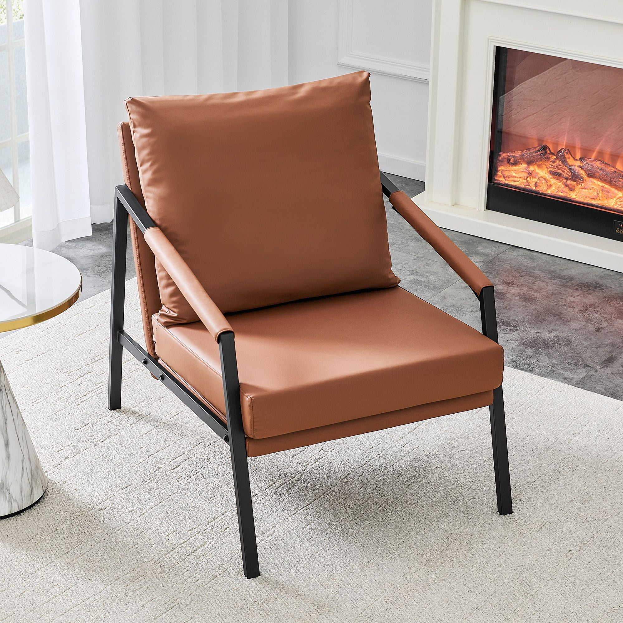 Alvantor Brown Faux Leather Accent Chair with Black Metal Frame and Armrests
