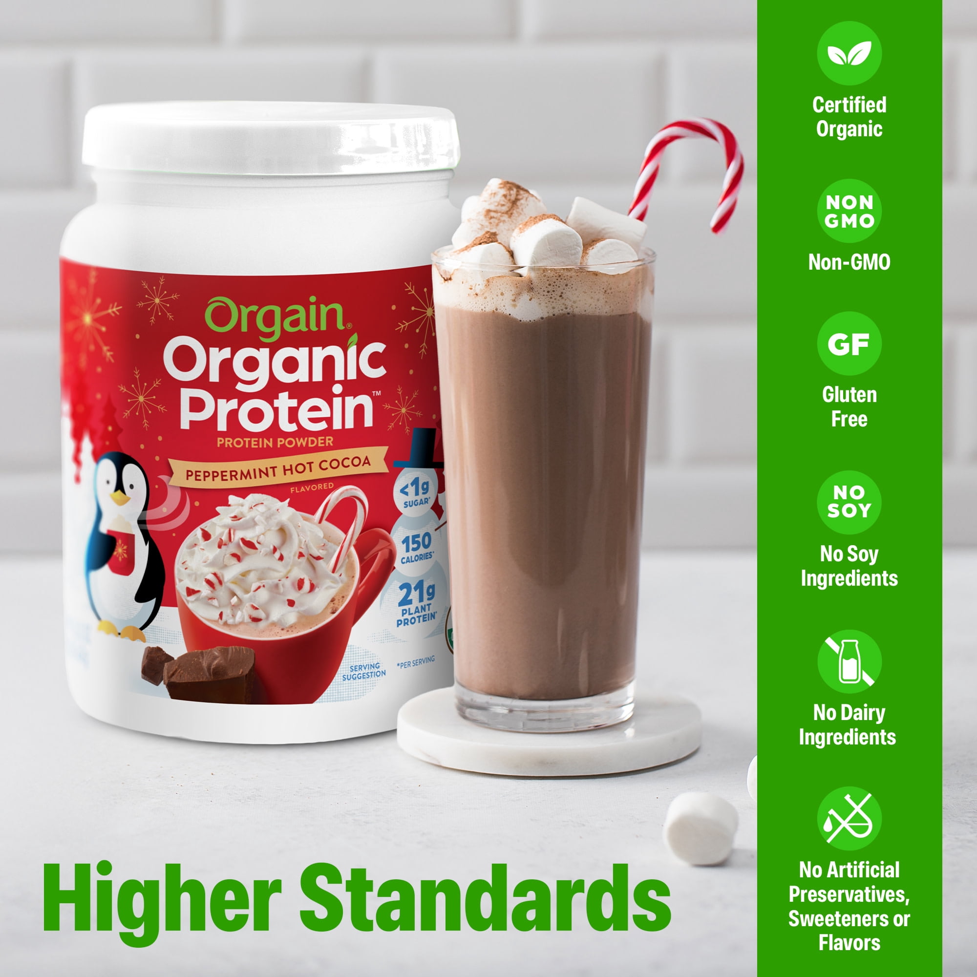 Orgain Organic Vegan 21g Protein Powder, Plant Based Shake Drink, Peppermint Hot Cocoa 1.02lb