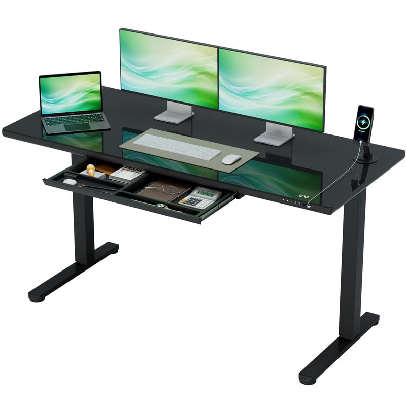 Homall 55" x 24" Glass Top Electric Standing Desk with Drawer, Height Adjustable Desk with Phone Stand & Charging Ports, Sit Stand up for Home Office,Black