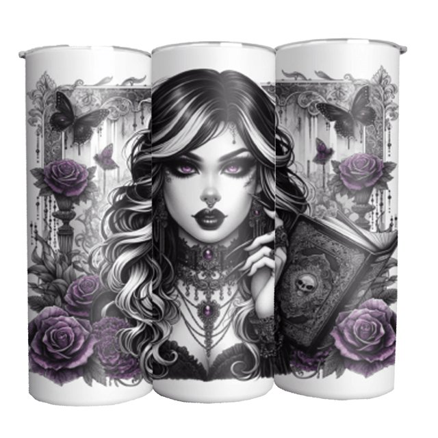 Vaso Térmico Estilo Gótico con Diseño de Mujer y Flores para Bebidas Calientes o Frías