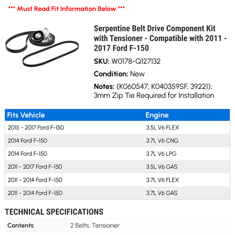 Serpentine Belt Drive Component Kit with Tensioner Compatible with 2011 2017 Ford F 150 2012 2013 2014 2015 2016