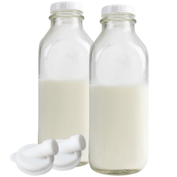 The Dairy Shoppe Heavy Glass Milk Bottles 33.8 Oz Jugs with Extra Lids & NEW Pour Spout! (2, 33.8 oz) 2 33.8 oz