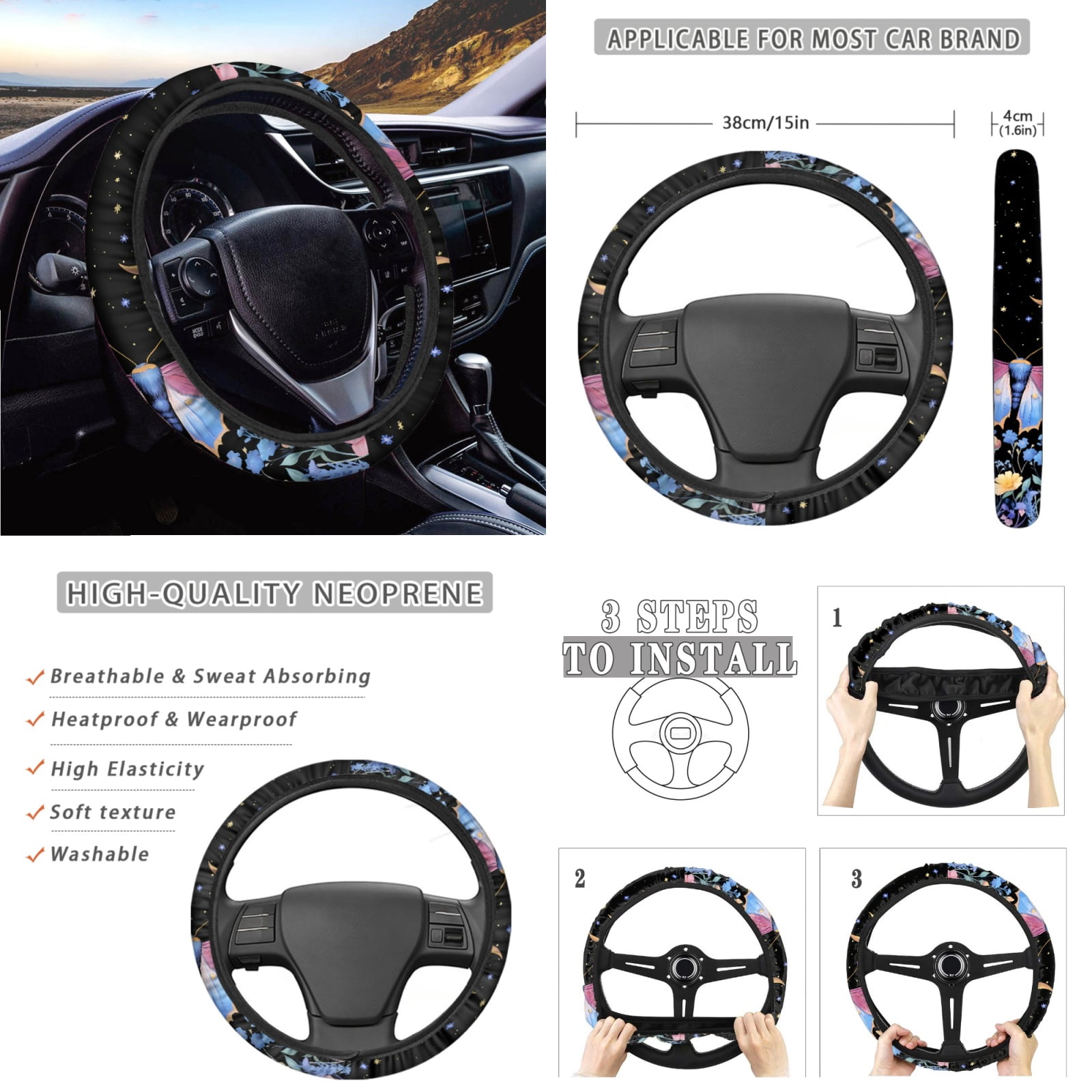 Yuyamidu Butterfly Car Seat Cover Full Set with Steering Wheel Cover Flower Seat Belt Strap Pads Cup Coasters Trash Bag Rearview Mirror Cover Armrest Cover Pad Auto Handbrake Cover Set of 14