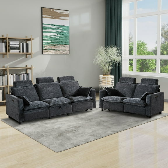 Chenille Reclining Sofa Set for Living Room, Power Reclining Sofa and Loveseat Recliner with USB Port & Type C, Comfy Cloud Sofa Set with Washable Cover and 2 Pillow for Living Room Furniture