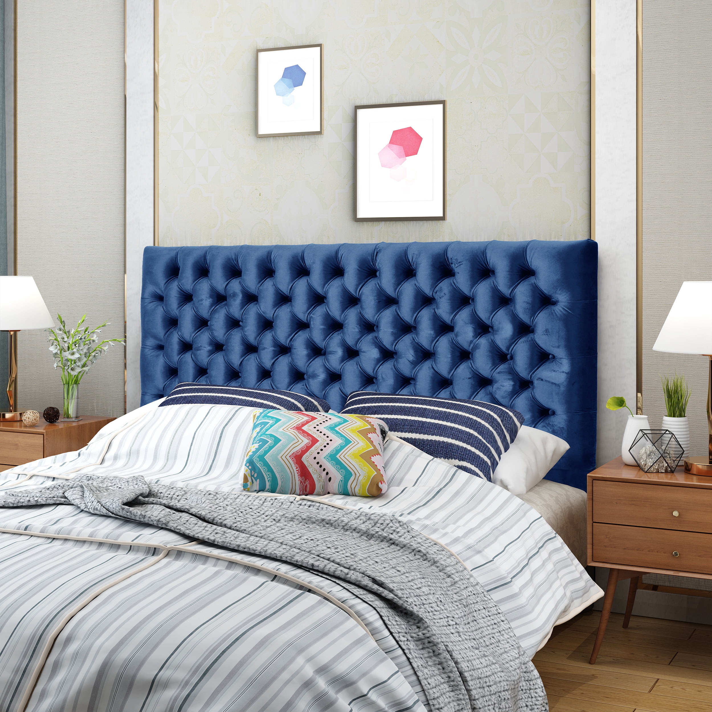 GDF Studio Classic Tufted Adjustable Velvet Headboard, Full/Queen, Navy Blue
