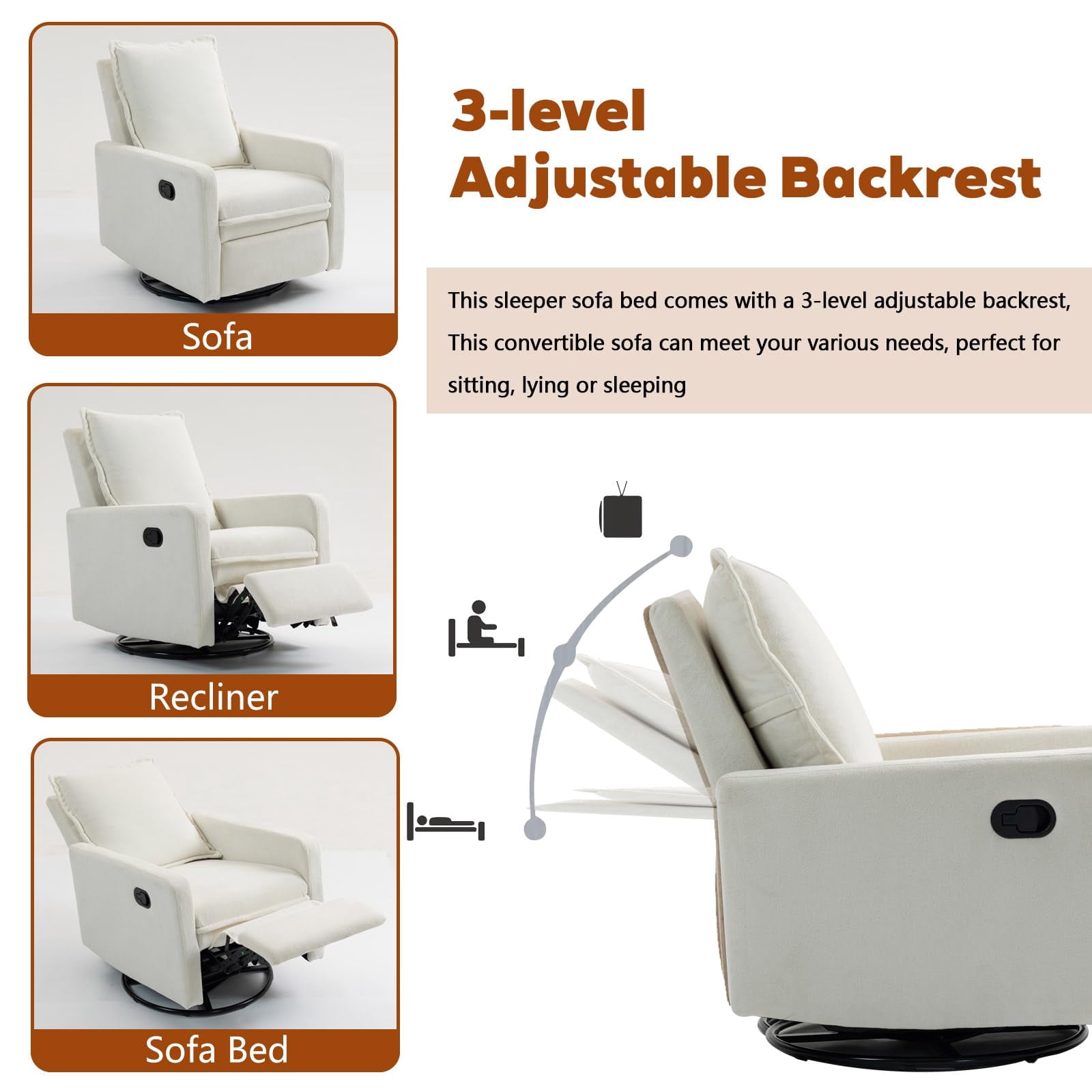 Lovableguy Modern Swivel Recliner Chair,Velvet Manual Button Nursery Glider Reclining Chair with Footrest,Comfy Upholstered Rocking Chair Living Room,Bedroom,White