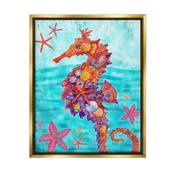 Stupell Industries Nassau Seahorse Aquatic Shell Collage Graphic Art Metallic Gold Floating Framed Canvas Print Wall Art, Design by Paul Brent
