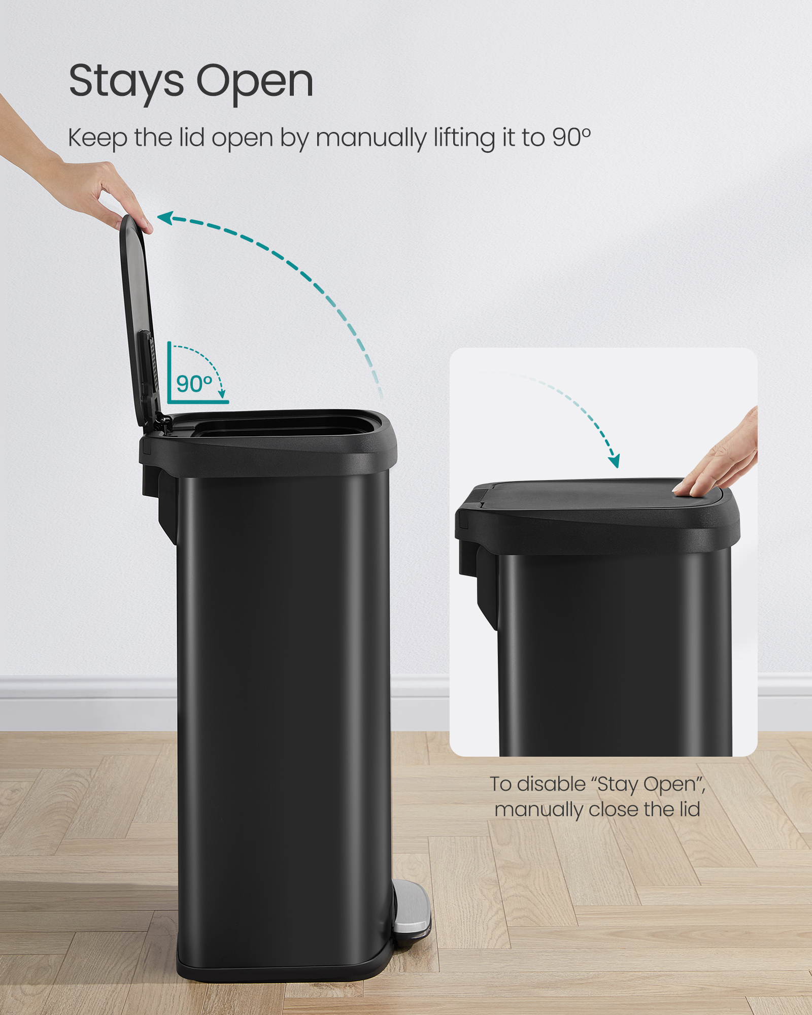 21-Gallon Stainless Steel Trash Can - Large Kitchen Bin with Odor Control, Stay-Open Lid & Wide Pedal, Space-Saving Design, Black