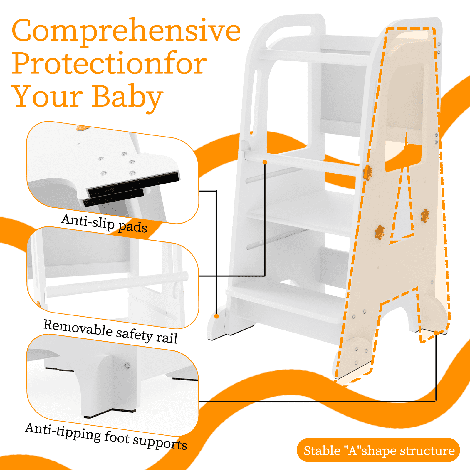 G TALECO GEAR Toddler Tower with Chalkboard, Toddler Kitchen Kids Step Stool Helper, Wooden Stool with Rounded Corner Protection Design, White