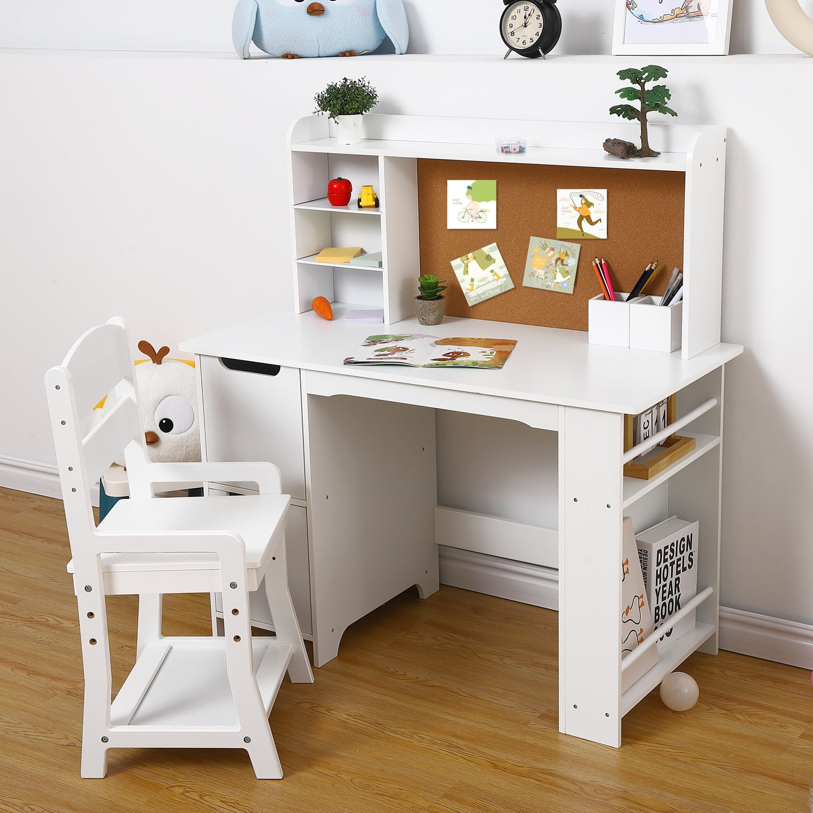 Zzistar Kids Study Desk with Chair and Hutch, Wood Study Table Learning Table Writing Table with Open Bookshelf, Bulletin Board & Cabinets