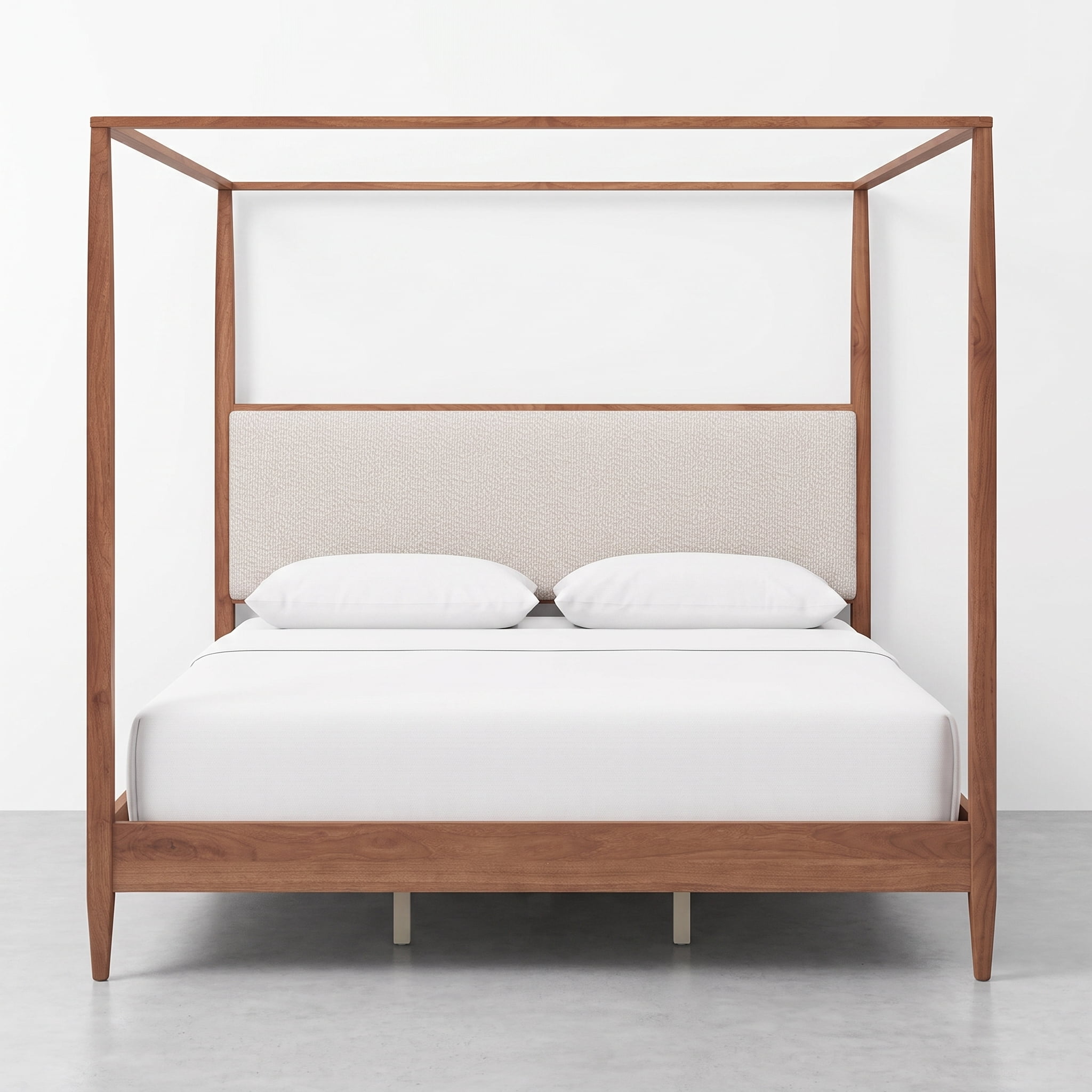 Euroco Modern Wood King Size Canopy Bed, Mid-Century 4-Poster Platform Bed with Boucle Upholstered Headboard and Tapered Legs, No Box Spring Needed, Walnut