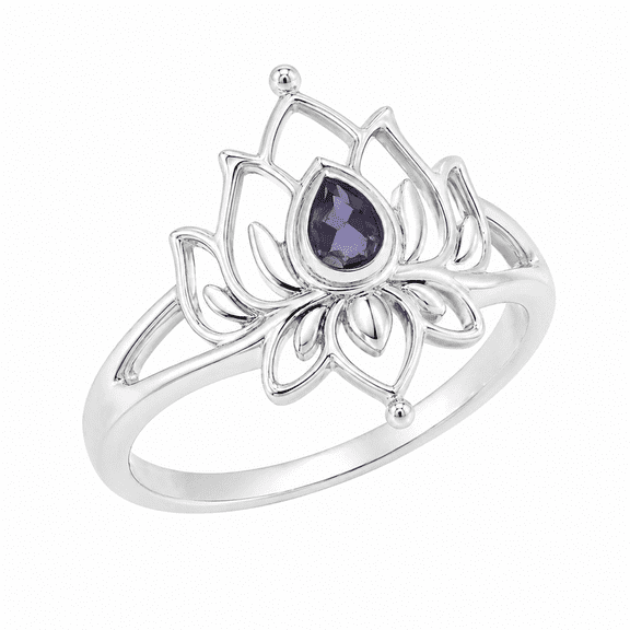 Earth Gems Jewelry Iolite Lotus Ring for Women, 925 Sterling Silver Floral Statement Ring