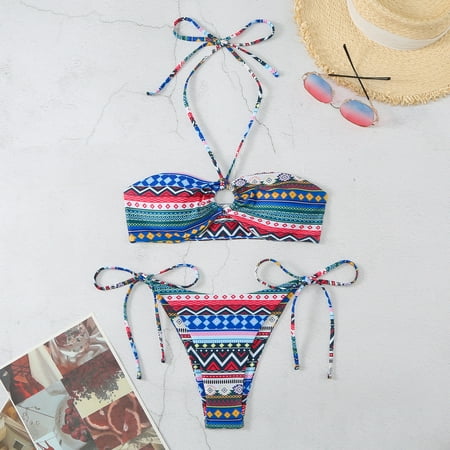 Sexy Halter Bikini Set 2024 Women Swimsuits Bohemian Push Up Padded Thong Swimwear Brazilian Swimming Bathing Suits