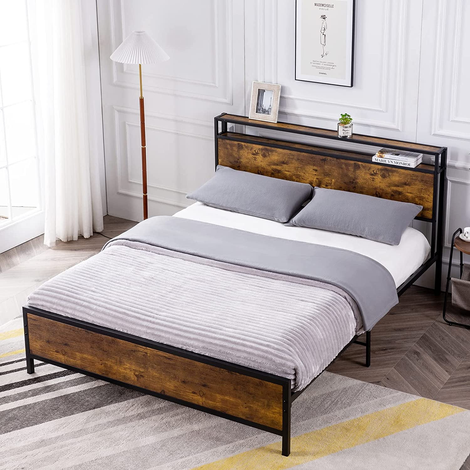 Reliancer Full Bed Frame, Platform Bed with 2Tier Storage Headboard