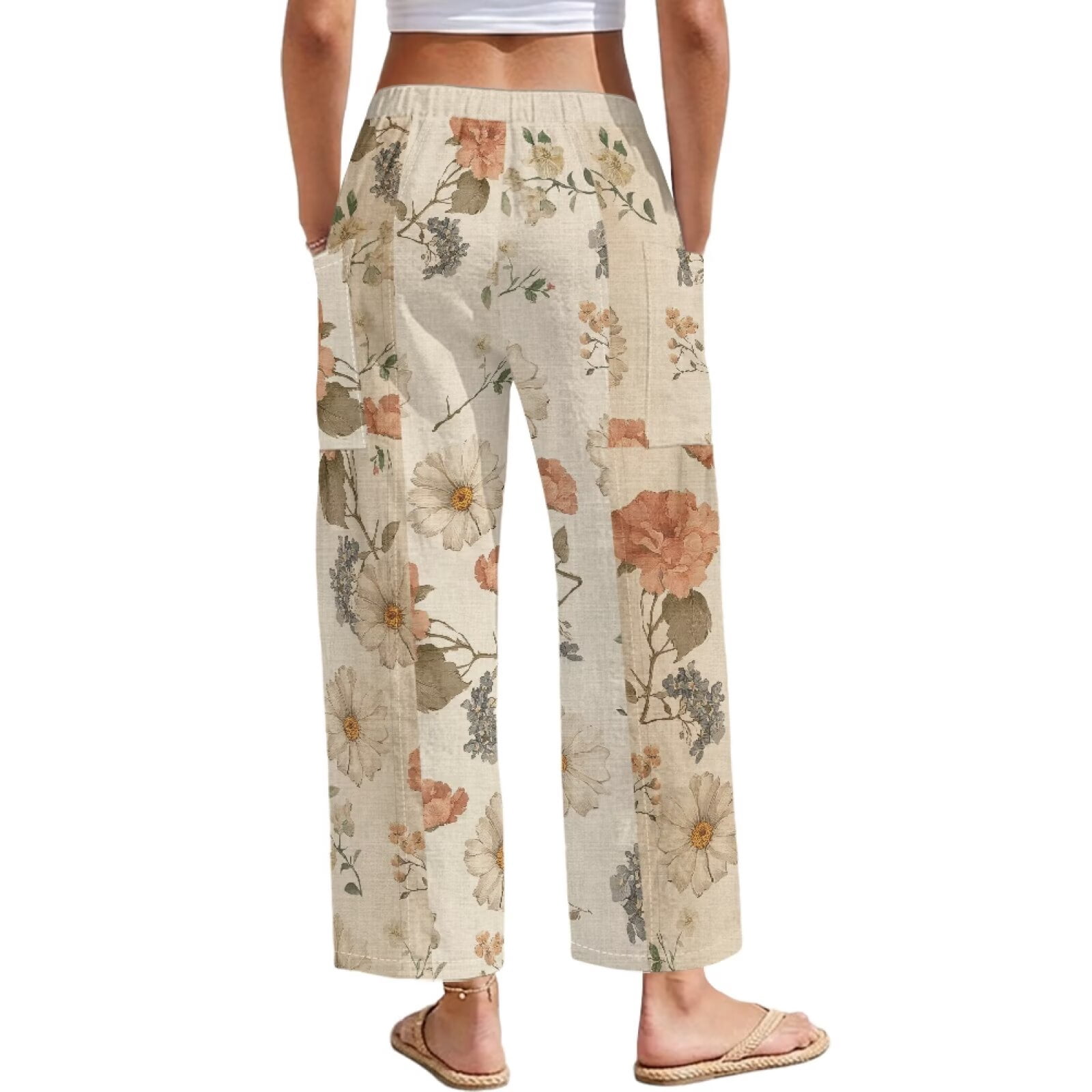 Yuyamidu Chinese Aesthetic Floral Linen Straight Leg Pants for Women Petite Cotton Casual Pants Comfy Straight Leg Travel Trousers Chinese Print Outfits, Size 5XL
