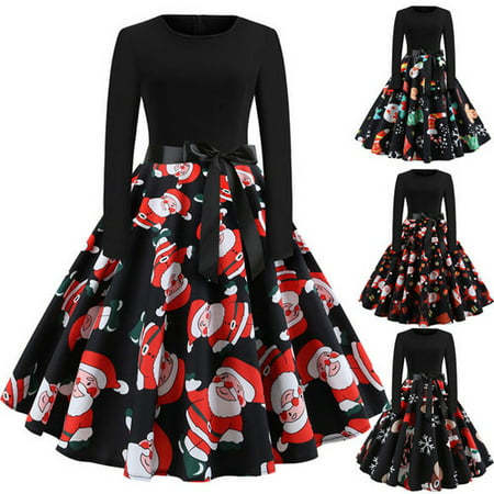 2019 Womens Vintage Christmas Santa Snowman Swing Long Sleeve Party Skater Dress Red Size