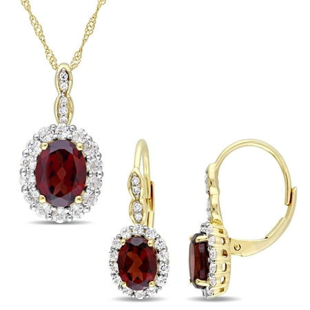 Signature Diamond Accent Signature Collection 14k Yellow Gold Garnet White Topaz & Diamond Accent Halo Necklace & Leverback Earrings Set ()