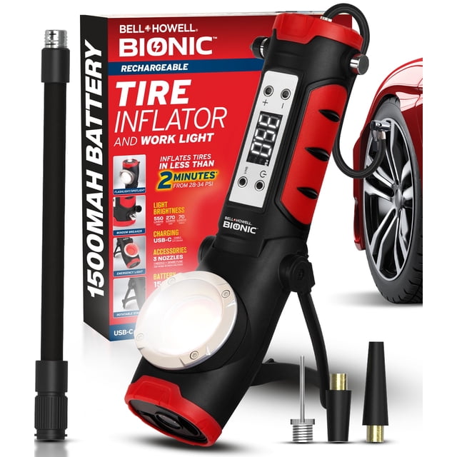 Bell + Howell BIONIC Car Tire Inflator Portable Air Compressor with Work Light and Window Breaker, Rechargeable 1500MAH Portable Tire Inflator for Car Air Pump Portable with LED Pressure Gauge