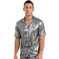 thumbnail image 2 of iiniim Mens Short Sleeve Shiny Button up Blouse T Shirt for Party and Clubbing Silver XXL, 2 of 7