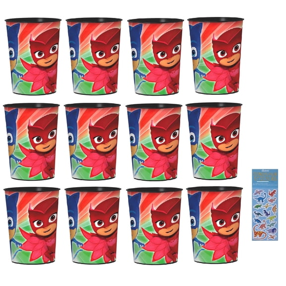 Unique PJ Masks Birthday Party Supplies Favor Bundle includes 12 Plastic Reusable Party Favor Cups, 1 Dinosaur Sticker Sheet