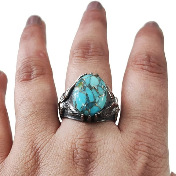 Blue Copper Turquoise Mans Ring, Natural Copper Turquoise Ring, Silver Jewelry, 925 Silver Ring, Birthday Gift, Heavy Mens Ring, Eagle Design, Ottoman Style Ring, Christmas, Turkey Mens Signet Ring