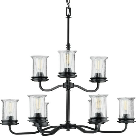 

Winslett Collection Nine-Light Matte Black Clear Seeded Glass Coastal Chandelier Light