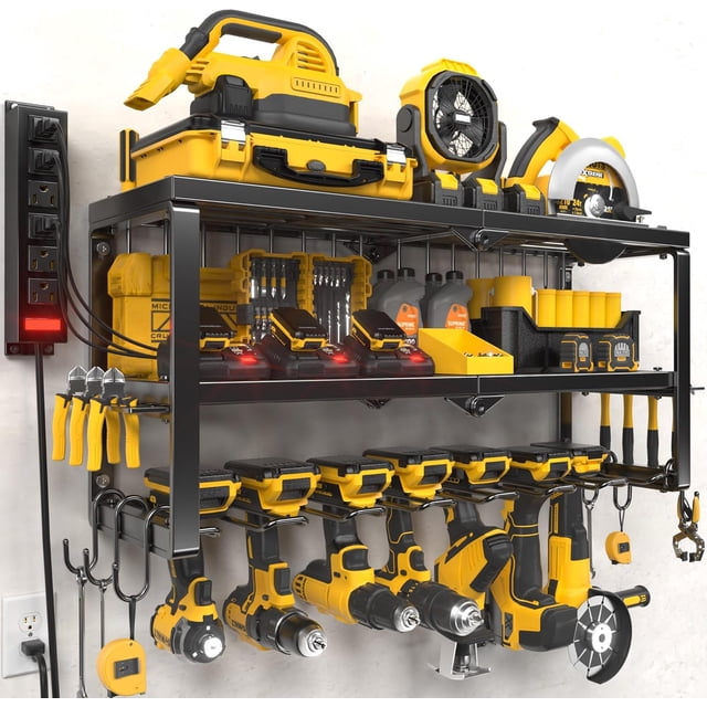 Power Tool Organizer for Tool Storage Drill Holder Wall Mount with Charging Station Tool Holder and Storage Rack for Garage Organization Heavy Duty Metal Tool Shelf with Battery Holder