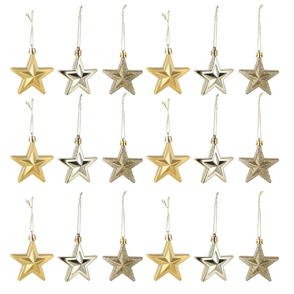 18 Pcs Glitter Star Pendant Christmas Tree Ornaments, 3D Five-Pointed Mini Hanging Decorations for Xmas, Wedding, Holiday