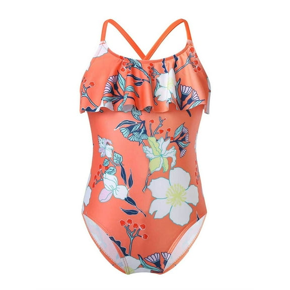 DPOIS Kids Girls One Piece Swimsuits Hawaii Floral Ruffles Swimwear