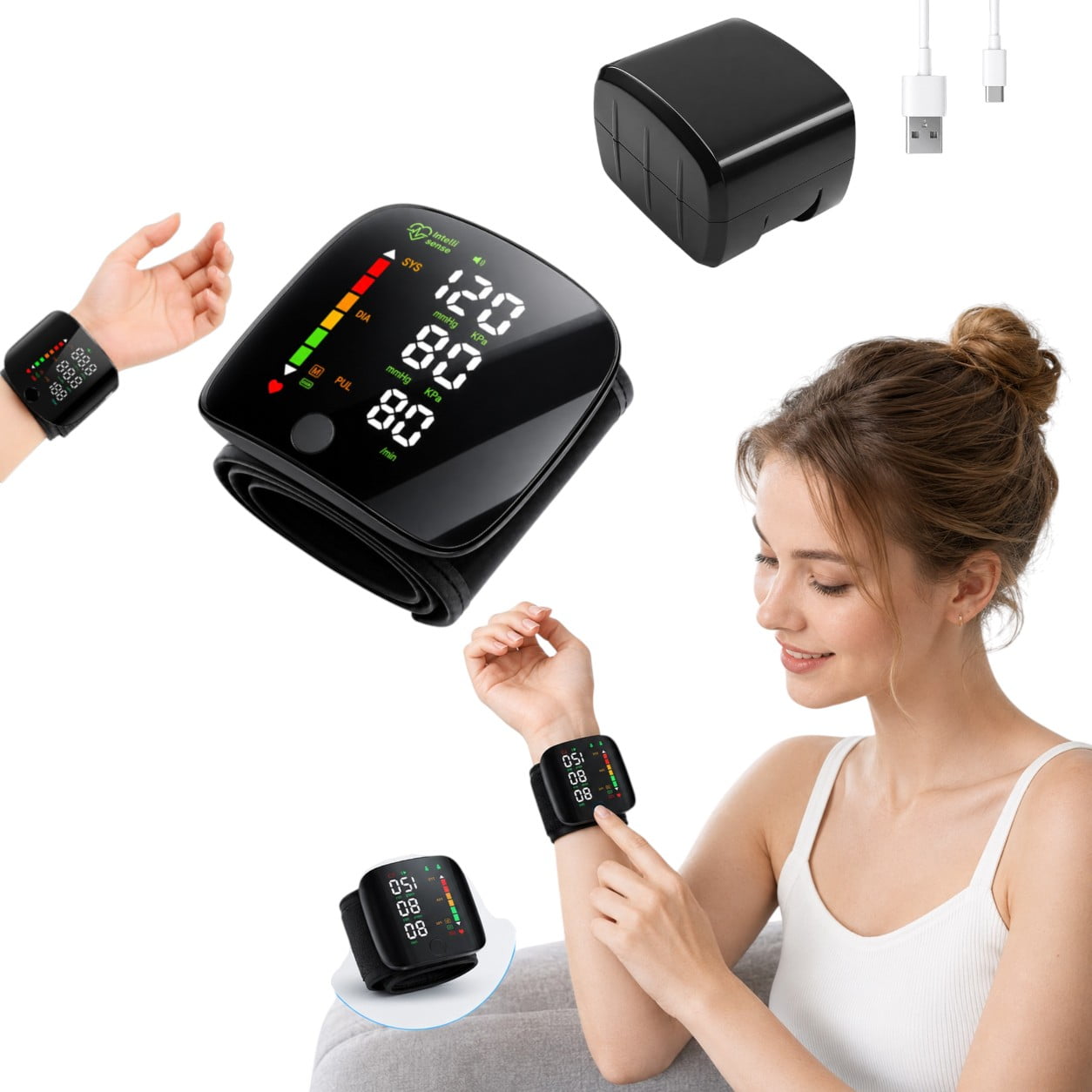 VROVIRE Automatic Wrist Blood Pressure Monitor, Digital BP Machine with English Voice, Large LCD Display, USB-C Charging, Dual User Memory, Pulse Rate & 3-Color Indicator, Black