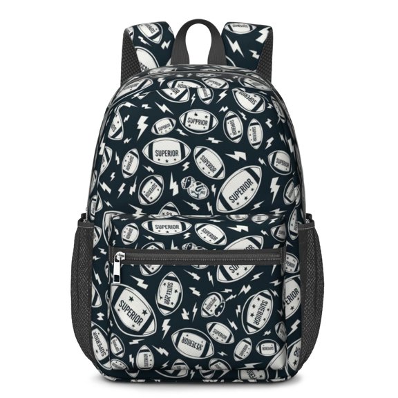 Football Text Black Pattern 17" School Backpacks for Teens,Waterproof Oxford Fabric,S-Shape Padded Straps for School,Travel,Hiking,Camping