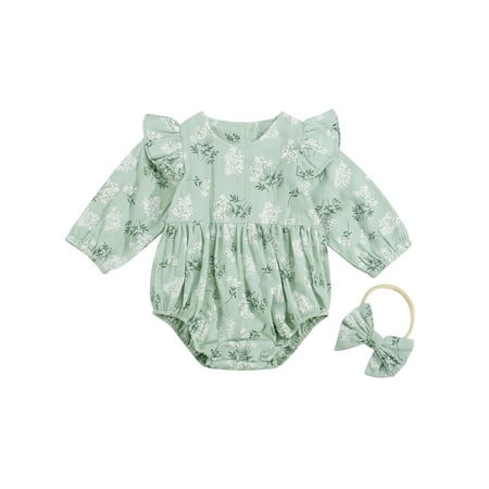

Yinyinxull Newborn Infant Baby Girls Romper Set Floral Ruffle Long Sleeve Jumpsuit Cotton Bodysuit Headband Green 18-24 Months