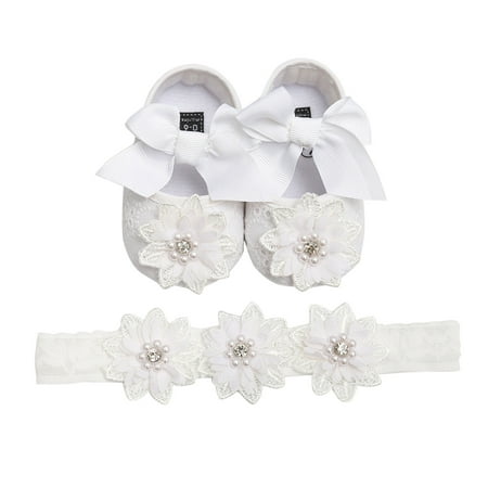 

Yinguo Toddler Baby Girls Prewalker Bowknot Flower Princess Shoes+Headband Set White 11