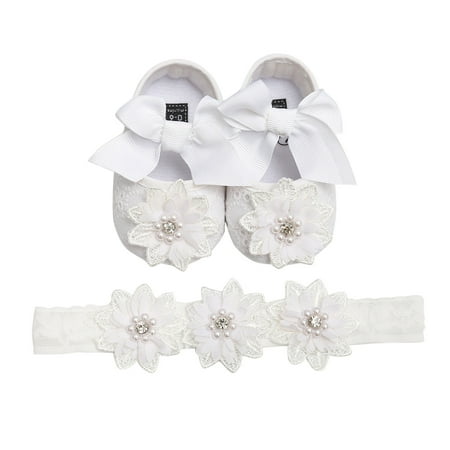 

Yinguo Toddler Baby Girls Prewalker Bowknot Flower Princess Shoes+Headband Set White 11