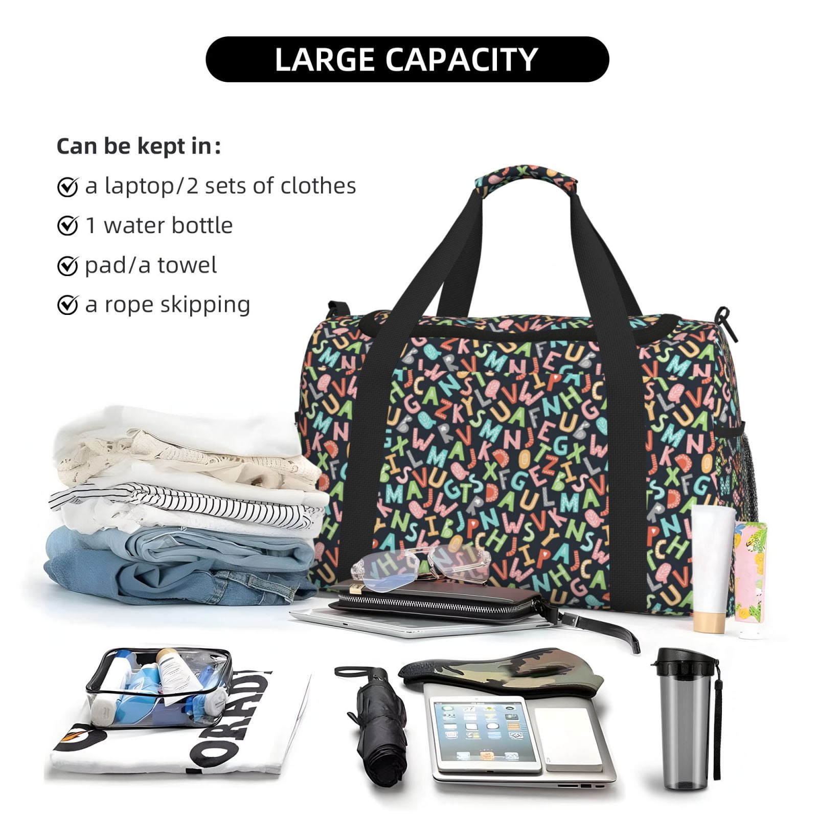 Fuzoiu Alphabet Print Travel Duffle Bag,Carry On Tote Bags,Duffel Bag,Sport Gym Bag, Hospital Bag for Labor and Delivery, Overnight Bag,Luggage Bag