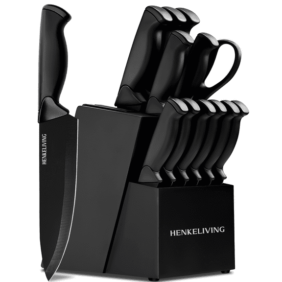 HENKELIVING Knife Set, 13PC German Stainless Steel Knives with Ergonomic Handles, Built-in Sharpener Block, Dishwasher Safe, Black
