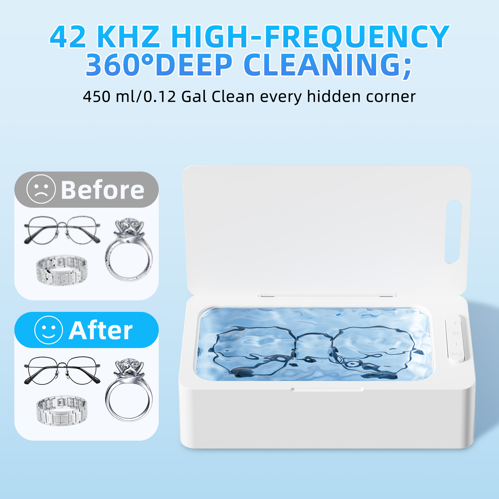 Ultrasonic Jewelry Cleaner Machine for Eyeglass, Sunglasses, Ring, Watch Strap, One-Touch Operation, 3 Timer Modes