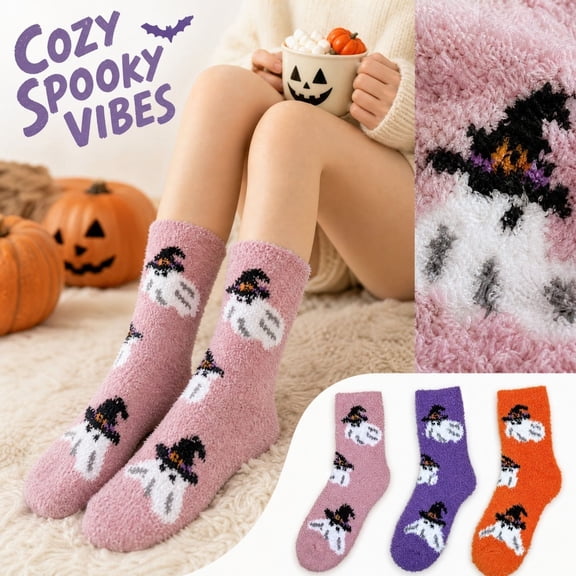 Women Fluffy Socks Coral Fleece Halloween Funny Pattern Fuzzy Ghost Slipper Socks Ladies Girls Winter Cozy Hosiery
