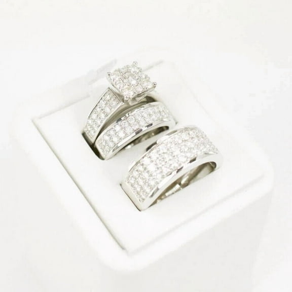 Bluebell Jewels Groom & Bridal Trio Ring Set 14K White Gold Finish Round Cut CZ Set