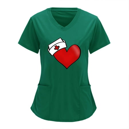 

Ecqkame Women Scrubs Top Clearance Women V-neck Solid Color Overalls Partial Positioning Printing Short Sleeve Working Uniform Tops Green XL
