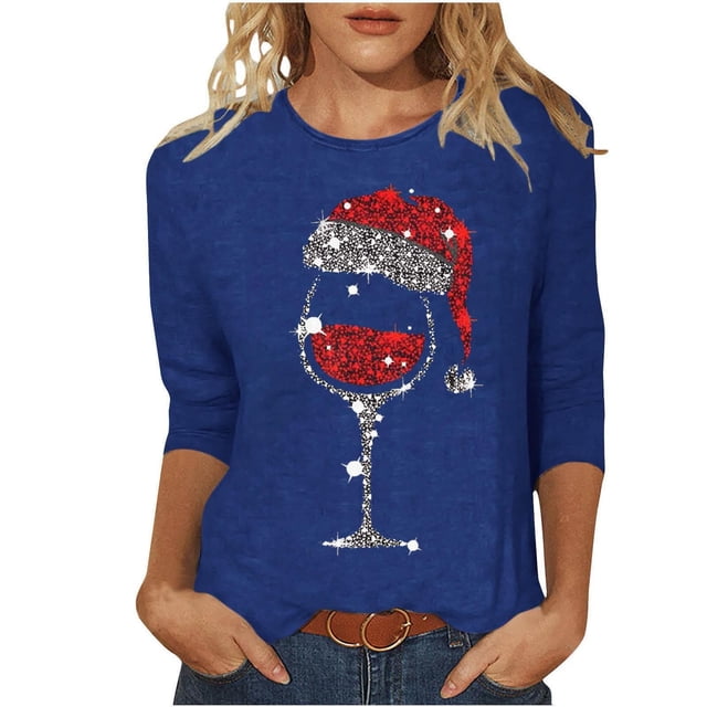 Puntoco Camiseta de mujer con cuello redondo, manga 3/4 y estampado navideño, jersey de cuello redondo, camiseta de manga larga con cuello redondo