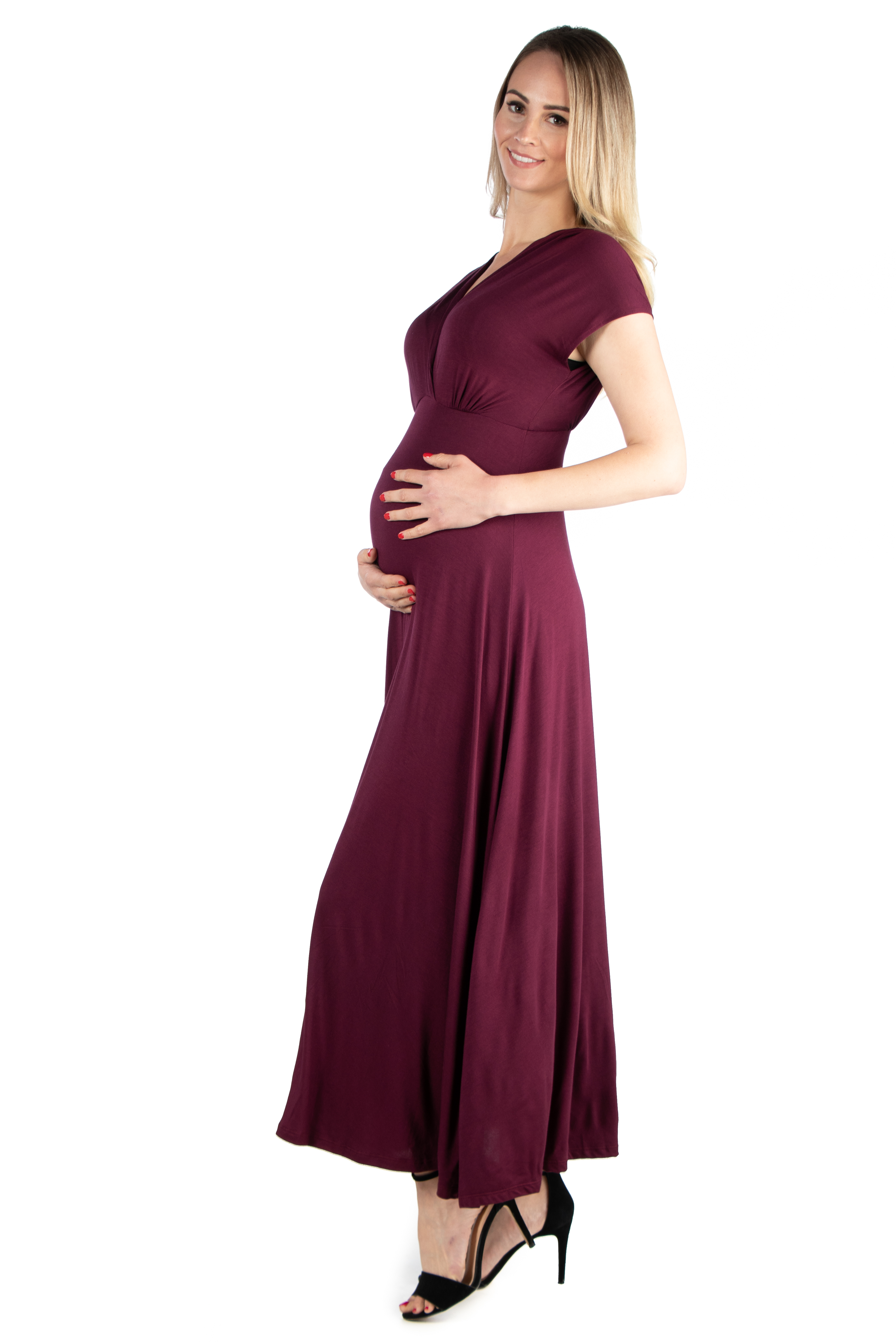 24seven Comfort Apparel Empire Waist V Neck Maternity Maxi Dress