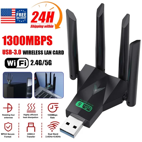 RHEA- Usb 3.0 Wireless Wifi Adapter 1300Mbps Long Range Dongle Dual Band Network New