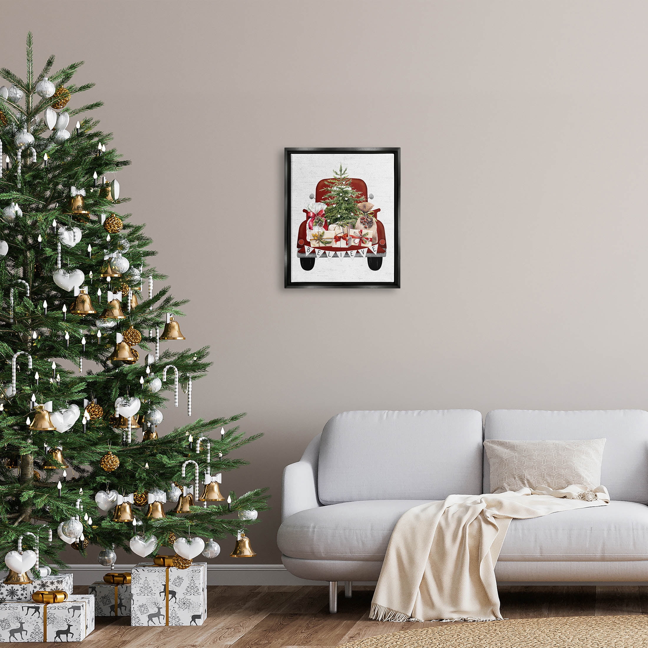 Stupell Industries Believe Seasonal Christmas Truck Graphic Art Jet Black Floating Framed Canvas Print Wall Art, Design by Lettered and Lined