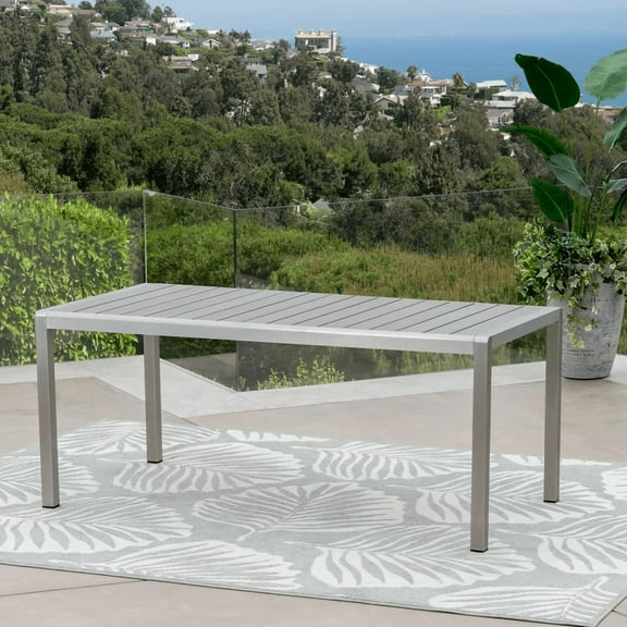 Outdoor Aluminum Dining Table with Faux Wood Top - Weather-Resistant Rust-Proof Lightweight Design for Patio Garden Backyard Gray Finish