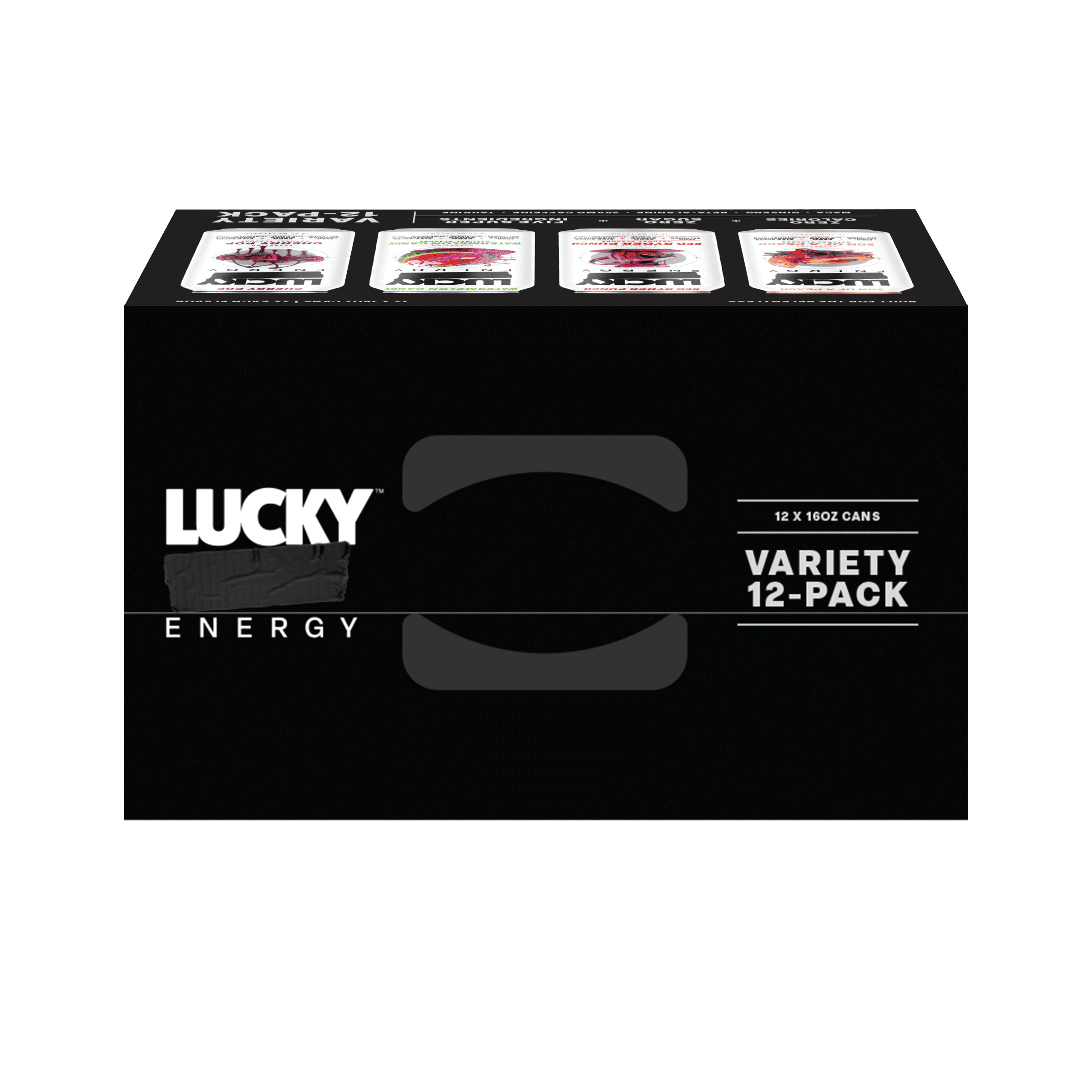 Lucky Energy Sugar Free Energy Drinks 16 oz Cans (12-pack), Variety Pack with Maca, Ginseng, Taurine, Beta-Alanine, 200mg Caffeine, Zero Calories