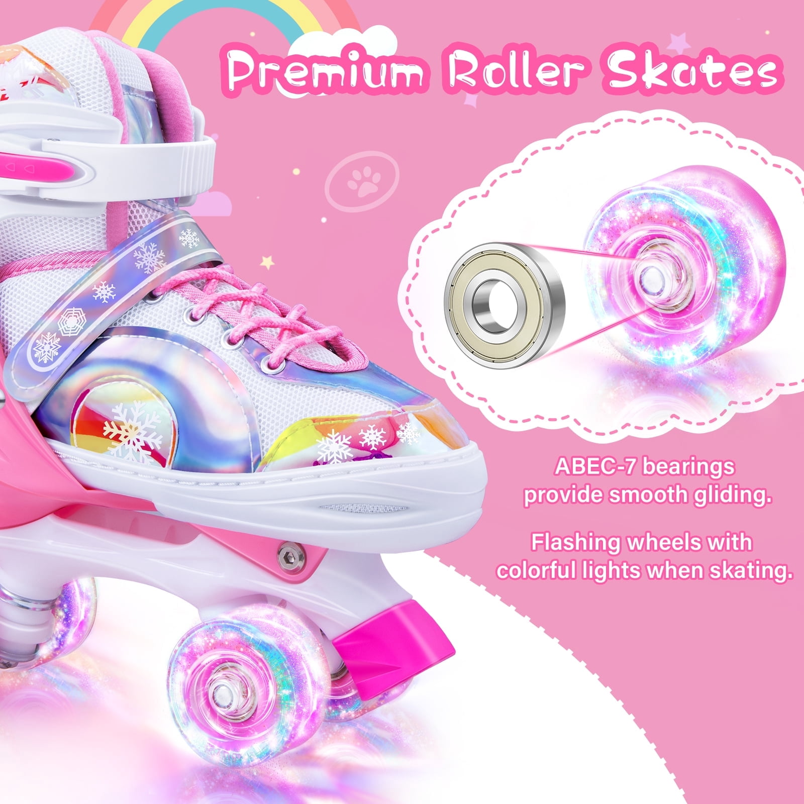 BVIVOK Adjustable Kids Roller Skates for Girls with Light up Wheels, Pink, Size 1-4