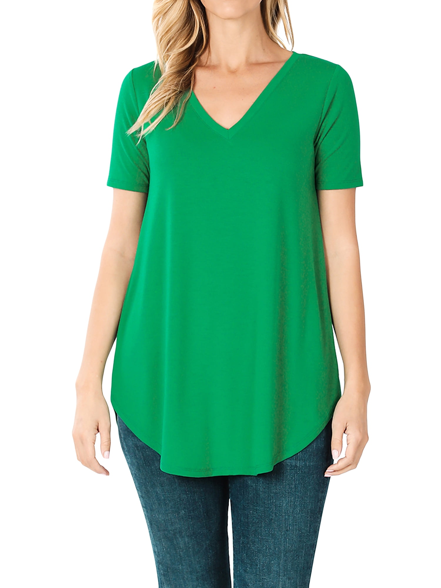 FLITAY Women's V-Neck Pocket T-Shirt - Loose Fit Drop Tail Hem Short Sleeve Top, Casual Blouse